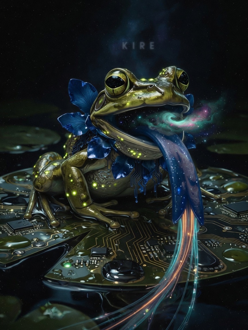 A hybrid frog with wet olive-chrome skin sitting on a lily-pad motherboard, galaxy in its throat, tongue uncoiling as a fiber-optic cable