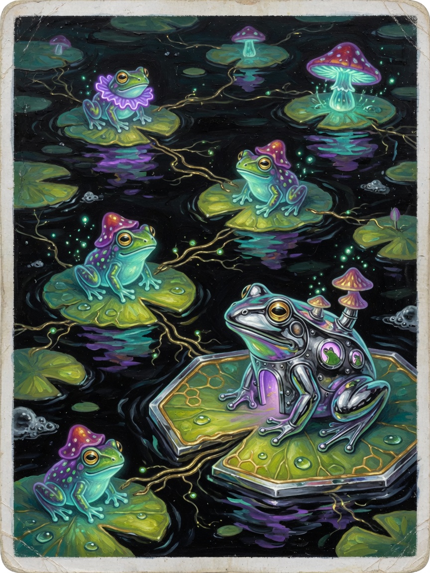 Mushroom-frogs on lily pads linked by gold mycelium, a chrome clubhouse frog on a hexagonal pad