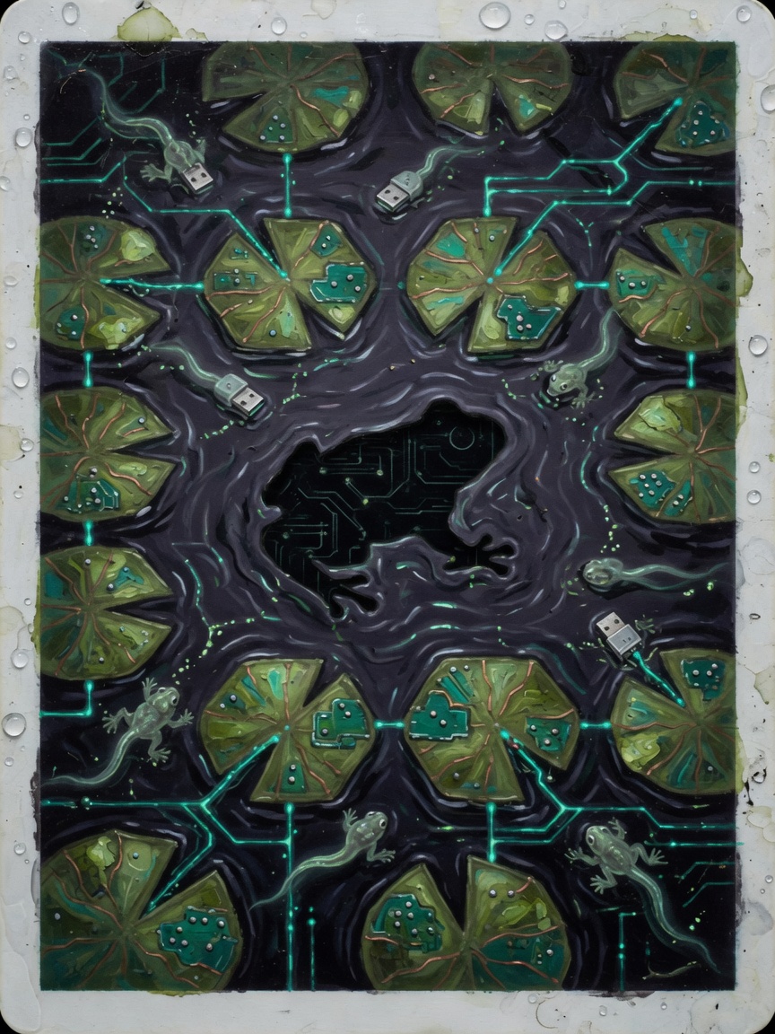Lily pads as circuit boards around a frog-shaped void, USB-tadpoles swimming the traces