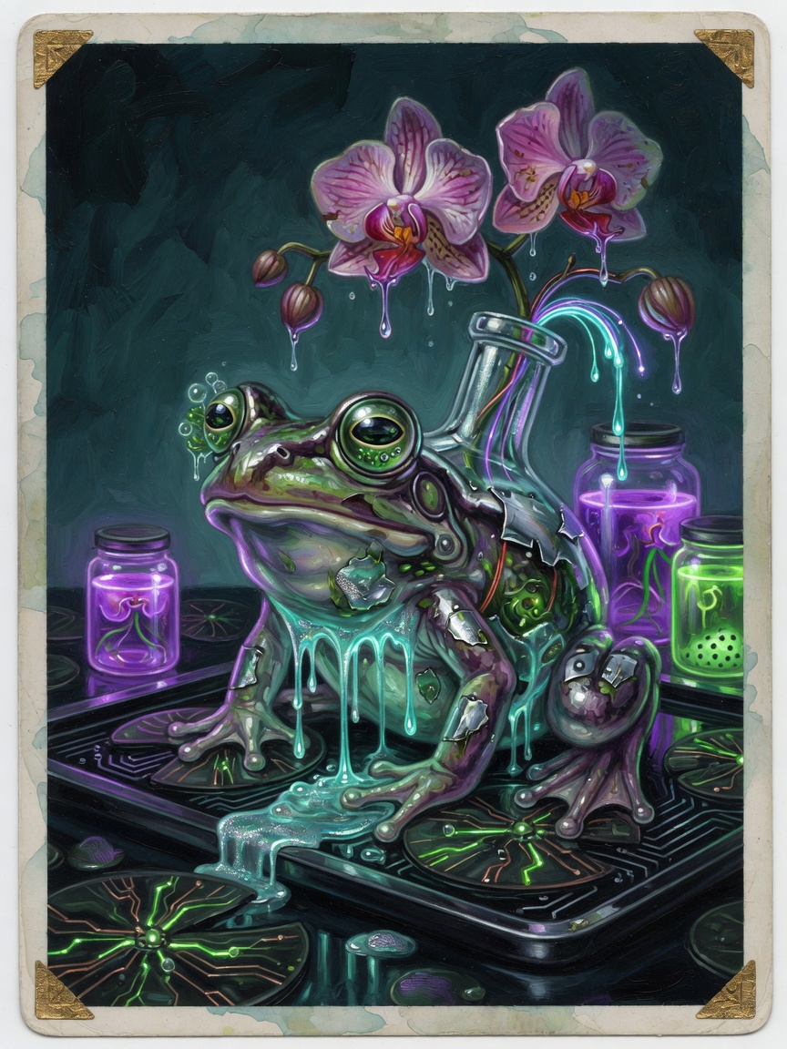 Frog fused with a glass alembic and orchids, dripping teal sap onto circuit lily pads